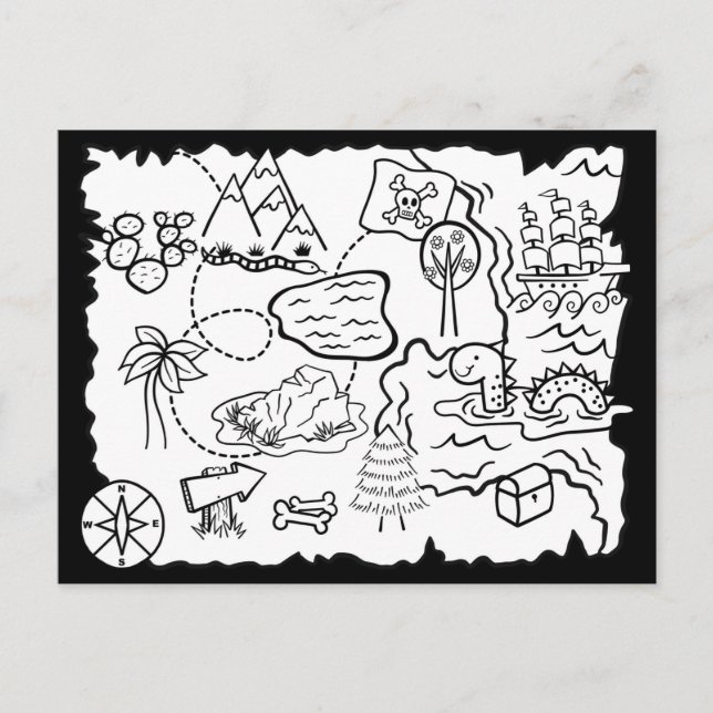 Kids Doodle Treasure Map Colouring Page Postcard (Front)