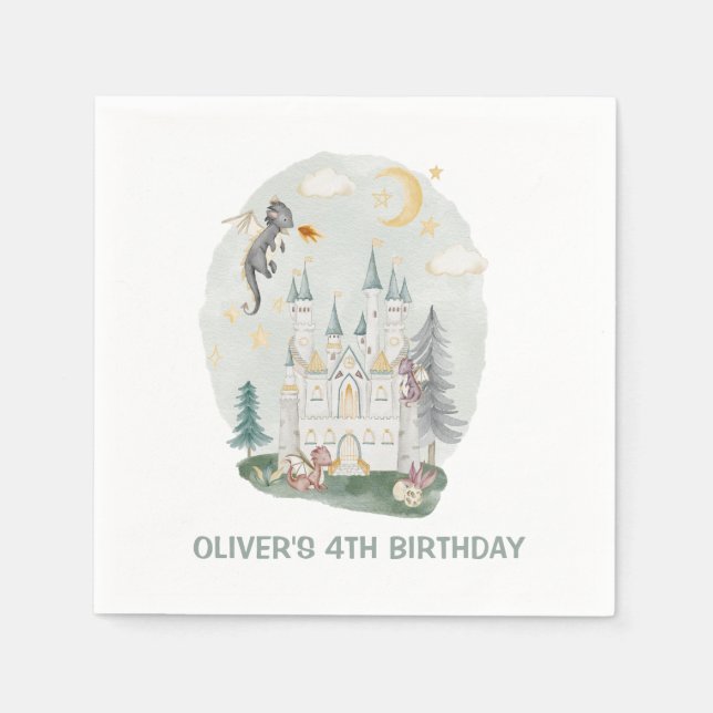 Kids dragon castle magical birthday napkin (Front)