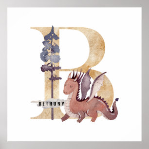 Kids Dragon Custom Name Monogram B Nursery Room Poster