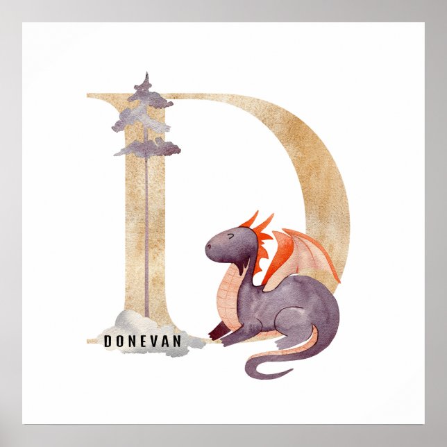 Kids Dragon Custom Name Monogram D Nursery Room Poster (Front)
