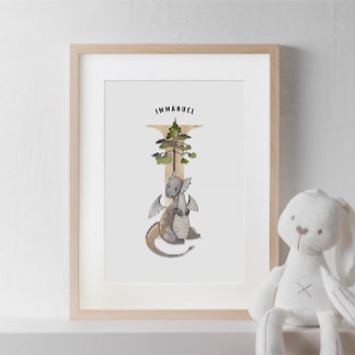 Kids Dragon Custom Name Monogram I Nursery Room Poster