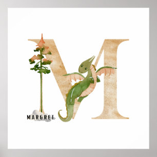 Kids Dragon Custom Name Monogram M Nursery Room Poster