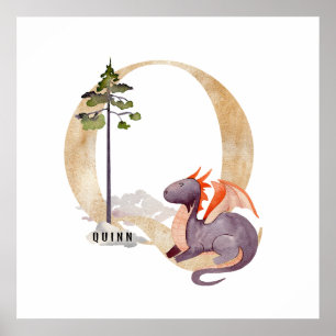 Kids Dragon Custom Name Monogram Q Nursery Room Poster