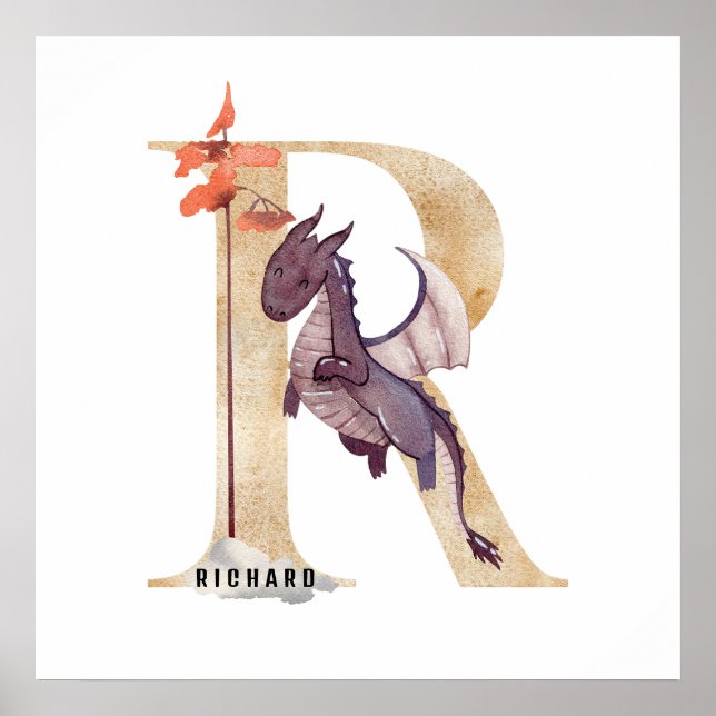 Kids Dragon Custom Name Monogram R Nursery Room Poster (Front)