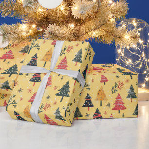 Kids Draw Cute Christmas Tree Yellow Wrapping Paper
