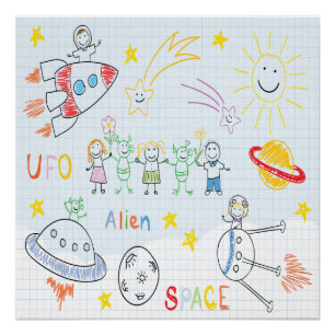 Kids drawing,space,aliens,universe,cute,kid,kawai, poster