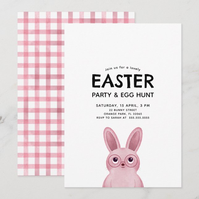 Kids Easter Party with pink bunny wearing glasses Invitation (Front/Back)