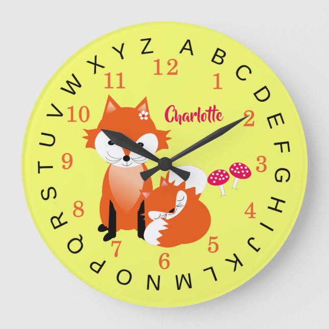 Kids Educational Alphabet Cute Fox Personalised Large Clock (Front)