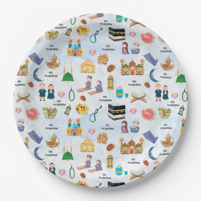Kids Eid Mubarak Paper Plates – Colourful Islamic (Front)