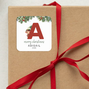 Kids Elf Initial A Christmas Square Sticker