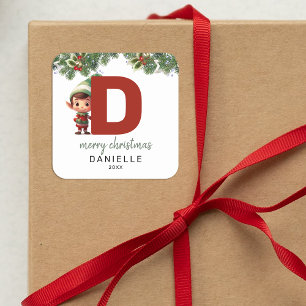Kids Elf Initial D Christmas Square Sticker