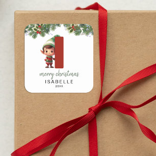 Kids Elf Initial I Christmas Square Sticker