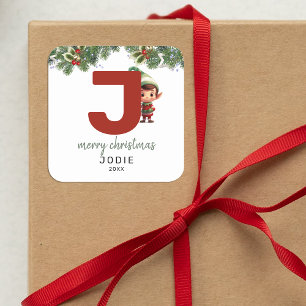 Kids Elf Initial J Christmas Square Sticker