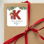 Kids Elf Initial K Christmas Square Sticker<br><div class="desc">Give the gift of personalised charm this Christmas! Our monogram stickers,  featuring Santa's elf hiding behind the letter K,  are a unique and thoughtful way to show your love. Customise with a name,  year and a heartfelt greeting. Make your Christmas gifts stand out!</div>
