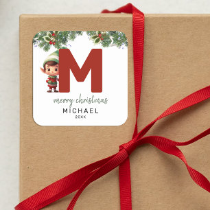 Kids Elf Initial M Christmas Square Sticker