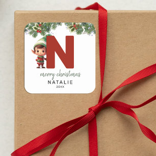 Kids Elf Initial N Christmas Square Sticker