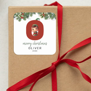 Kids Elf Initial O Christmas Square Sticker