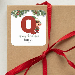 Kids Elf Initial Q Christmas Square Sticker