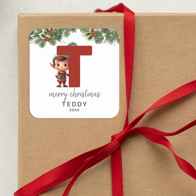 Kids Elf Initial T Christmas Square Sticker (Creator Uploaded)
