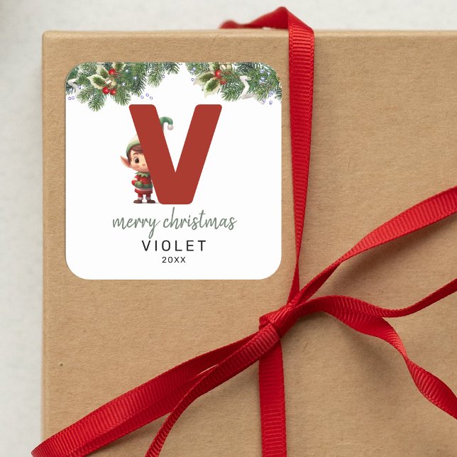 Kids Elf Initial V Christmas Square Sticker (Creator Uploaded)