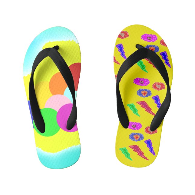 Kids extra loud party colours yellow pink blue art kid's flip flops (Footbed)