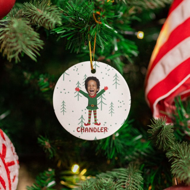 Kid's Face & Name Elf Christmas Funny Gift Ceramic Tree Decoration (Custom Elf Photo Kid Christmas Funny Personalized Ornament)