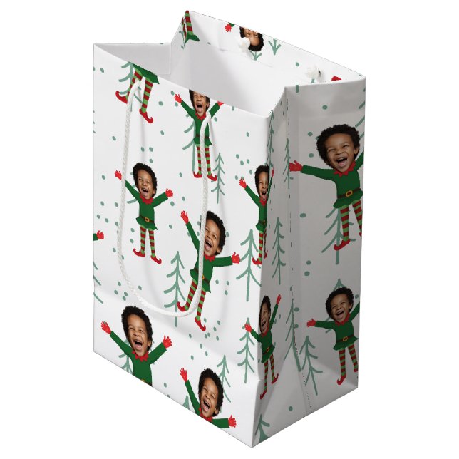 Kid's Face & Name Elf Christmas Funny Pattern Medium Gift Bag (Front Angled)