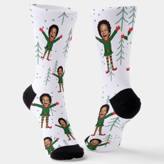 Kid's Face & Name Elf Christmas Funny Pattern Socks (Angled)