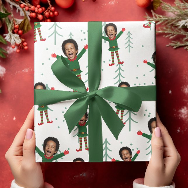Kid's Face & Name Elf Christmas Funny Pattern Wrapping Paper (Little Elf Custom Kid's Face Funny Christmas Wrapping Paper)