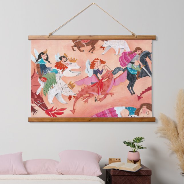 Kids fairies & dragon pink fairytale illustration hanging tapestry (Bedroom)