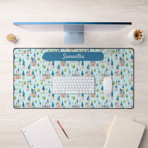 Kids fairy castle blue magical name desk mat