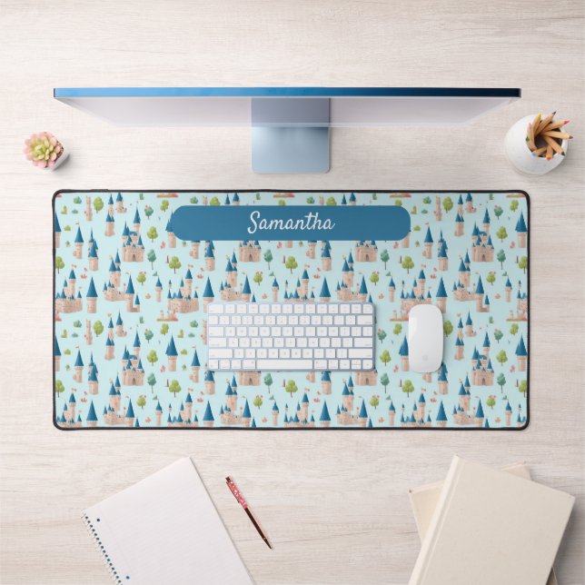 Kids fairy castle blue magical name desk mat (Office 1)