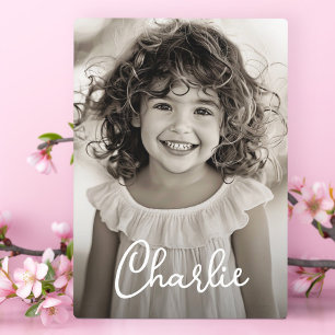 Kids family photo modern script name text plaque