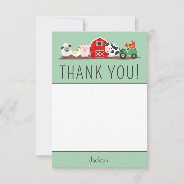Kids Farm Animal Birthday Party Thank You Card (Front)
