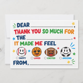 Kids Fill In Thank You Card (Sports Themed)
