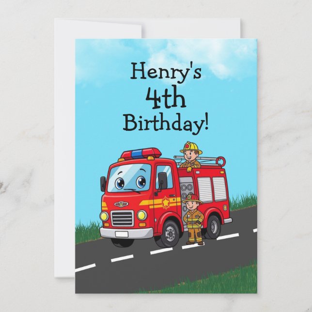 Kid's Fire Truck Birthday Party Invitation (Front)