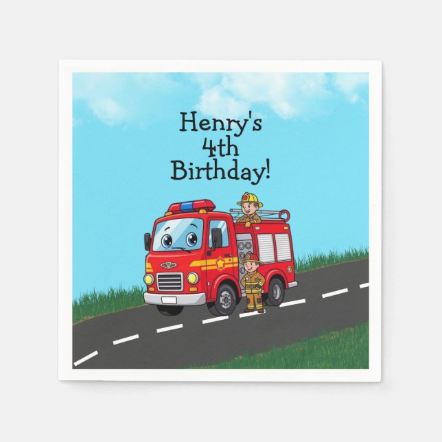 Kid's Fire Truck Birthday Party Napkin (Front)