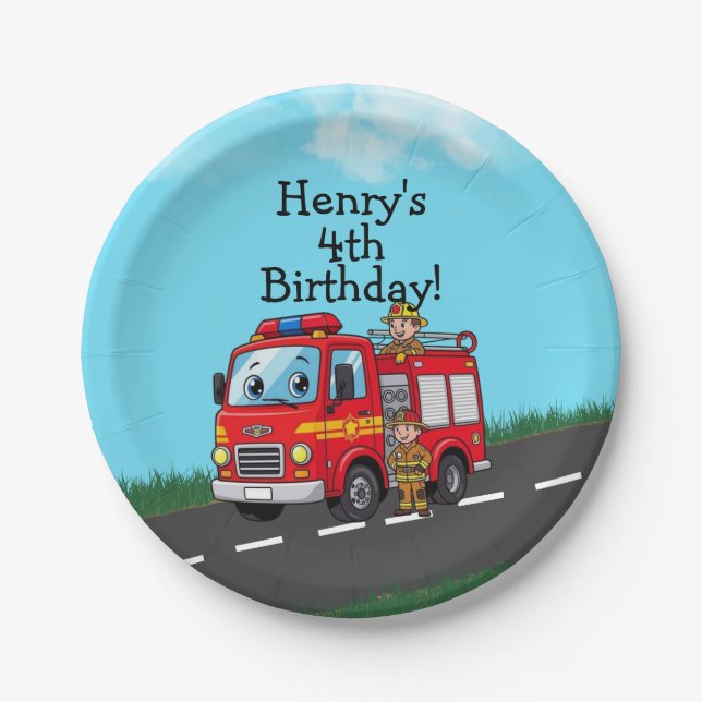 Kid's Fire Truck Birthday Party Paper Plate (Front)