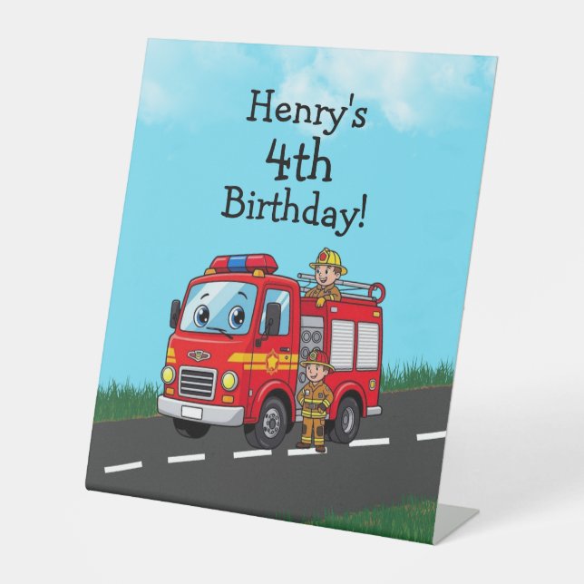 Kid's Fire Truck Birthday Party Pedestal Sign (Front)