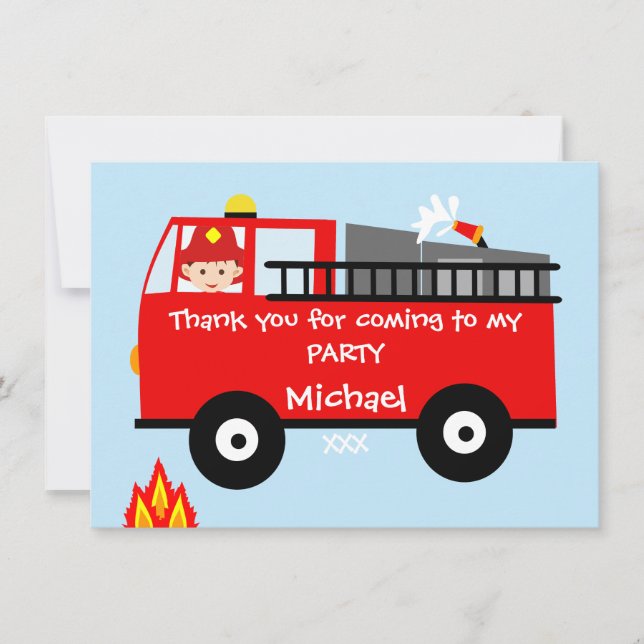 Kids Fire Truck Birthday Thank You Card (Front)