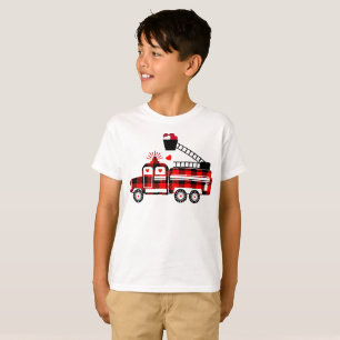 Kids Fire Trucks Buffalo Plaid Heart Valentines T-Shirt
