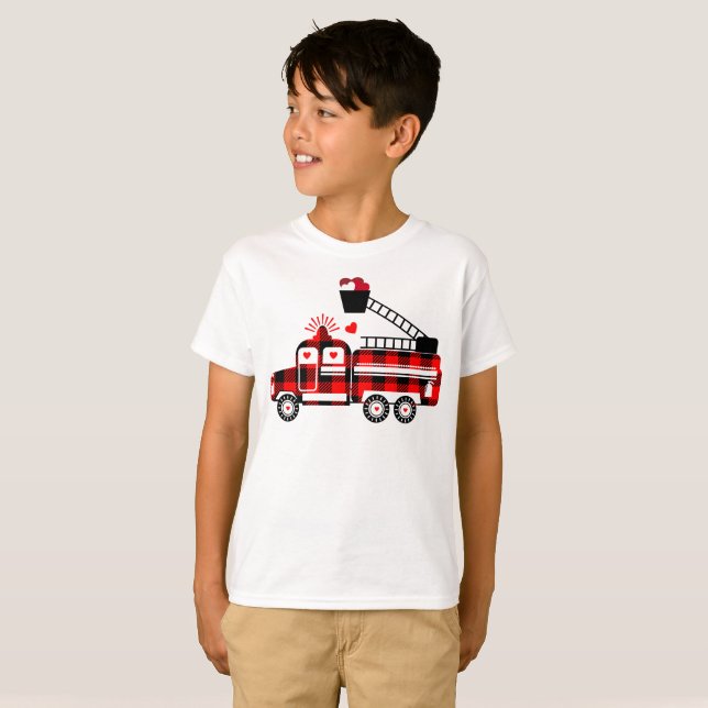 Kids Fire Trucks Buffalo Plaid Heart Valentines T-Shirt (Front Full)