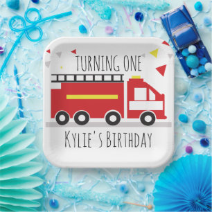 Kids Firetruck Fun Confetti Birthday Name   Paper Plate
