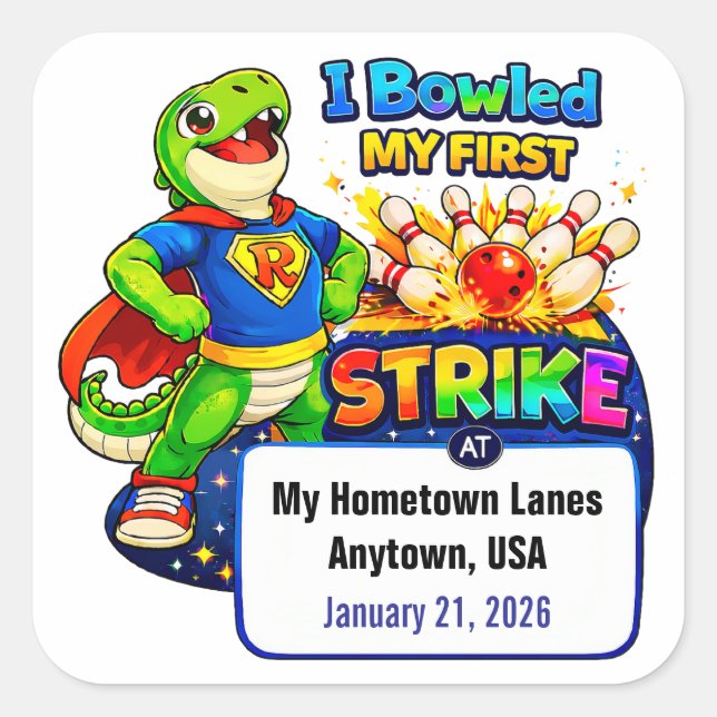 Kid's First Bowling Strike | Personalized Square Sticker (Front)