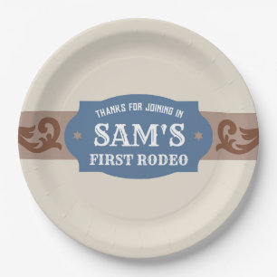 Kids FIrst Rodeo Blue/Brown Western Birthday Party Paper Plate
