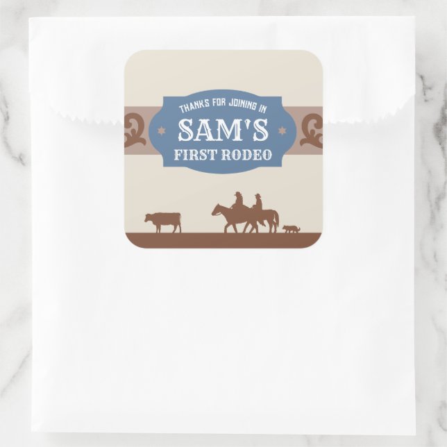 Kids FIrst Rodeo Blue/Brown Western Birthday Party Square Sticker (Bag)