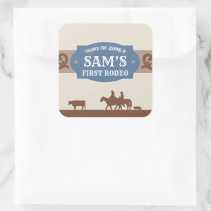 Kids FIrst Rodeo Blue/Brown Western Birthday Party Square Sticker