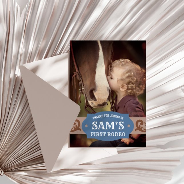 Kids FIrst Rodeo Blue/Brown Western Photo Thank You Card (Creator Uploaded)