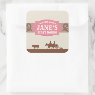 Kids FIrst Rodeo Pink/Brown Western Birthday  Square Sticker