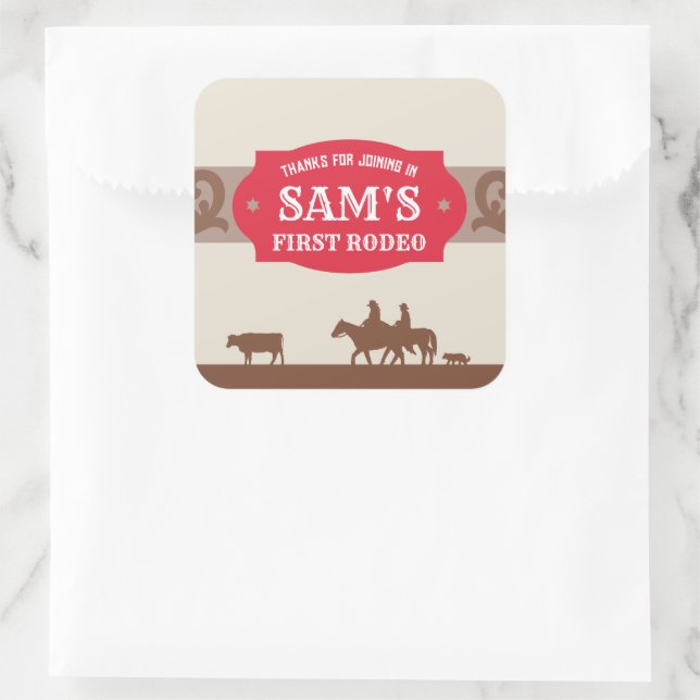Kids FIrst Rodeo Red/Brown Western Birthday Party Square Sticker (Bag)